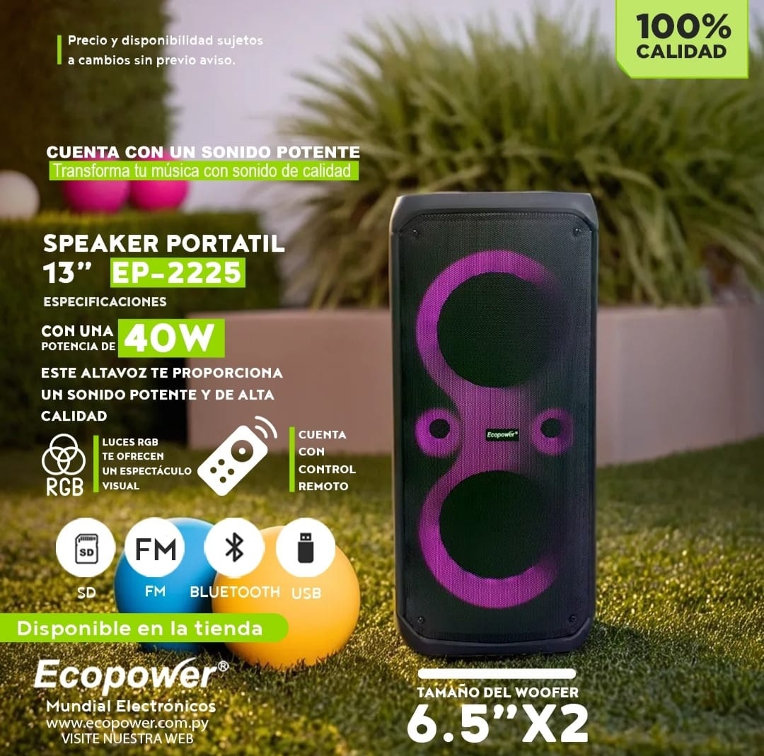 Parlante Ecopower EP-2225 - Dos parlantes 6,5" - Función karaoke & BT - Con control